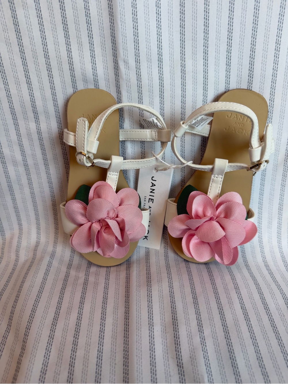 Janie and Jack Cream Strap Sandals with Pink Flower Appliqués